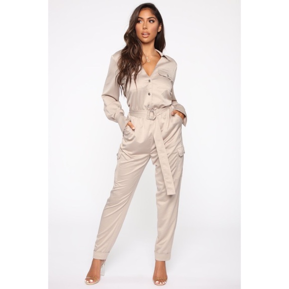 Fashion Nova Pants - Cameron Satin Utility Jumpsuit - Taupe